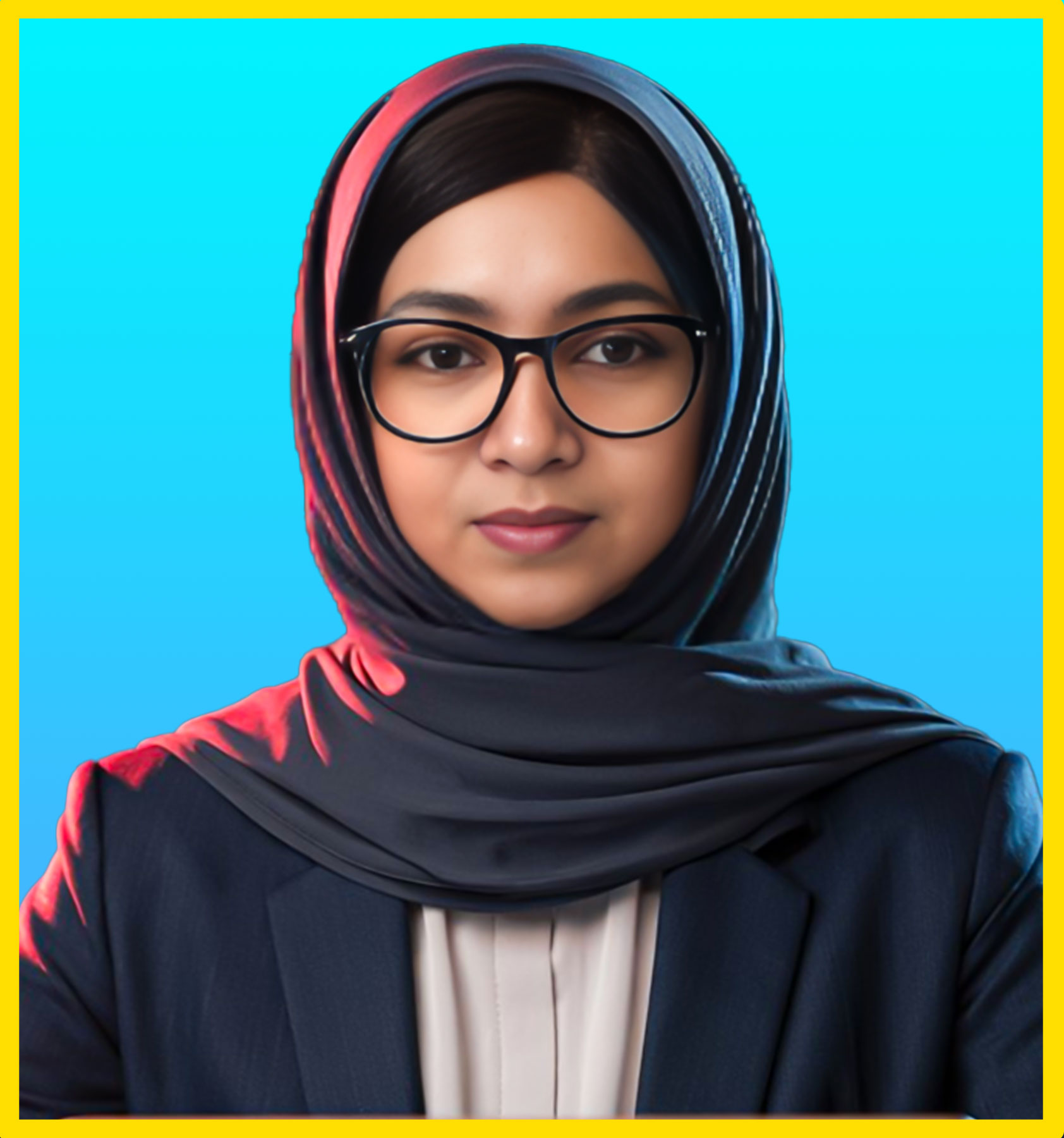 Bristy Rahman professional ID photo wearing hijab with blue background